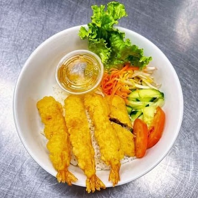 Grilled Shrimp & Egg Roll Rice Plate.