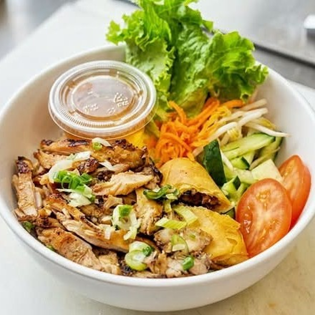 Grilled Chicken & Egg Roll Rice Plate.