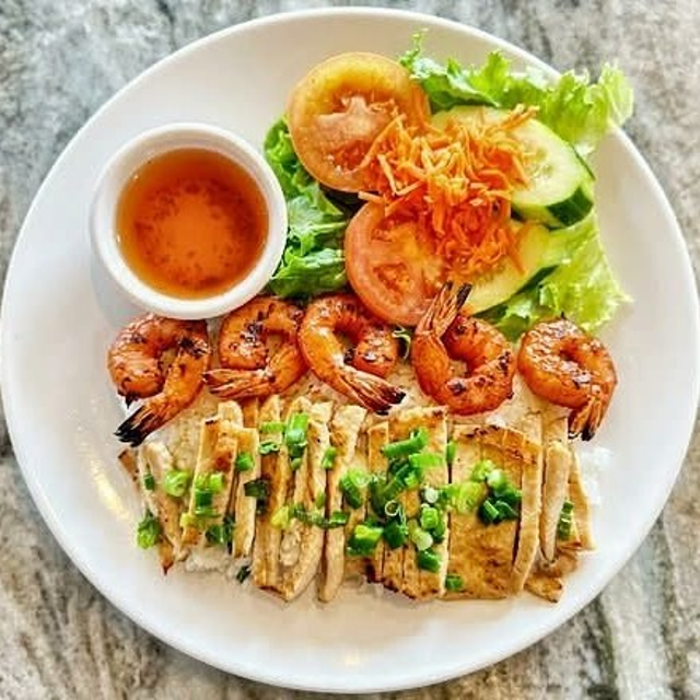 Grilled Shrimp & Chicken Rice Plate.